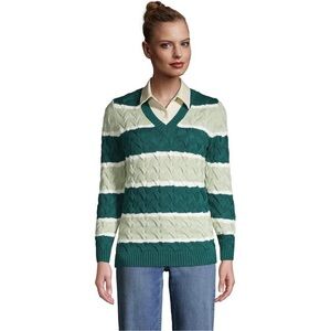 NWT Land’s End Women's Drifter Cable V-Neck Sweater green stripe size 1x